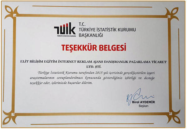 TÜİK Teşekkür Belgesi